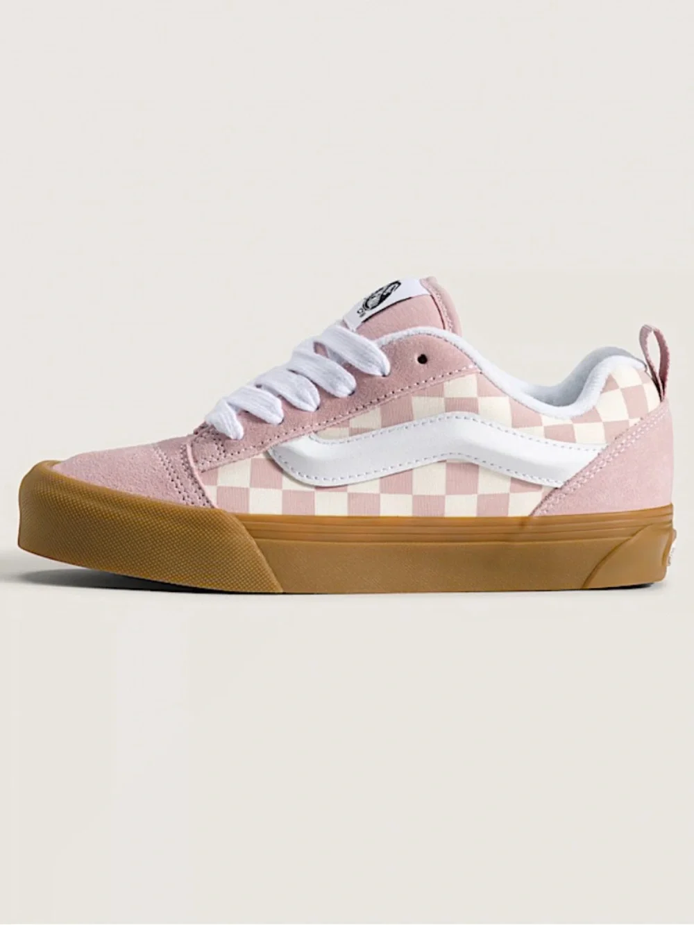 Vans Pink and Cream Checkerboard Old Skool with Gum Sole Big Kids Knu Skool Shoe